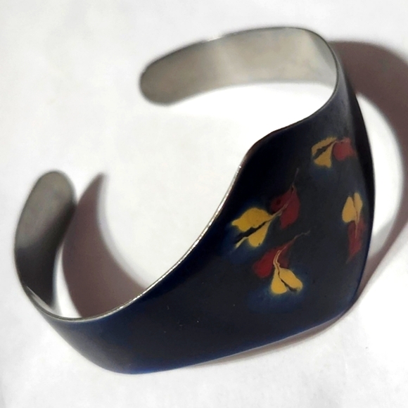 Vtg 1970s  Sheffield England  Enamel & Stainless Steel Cuff Bracelet - Picture 2 of 4